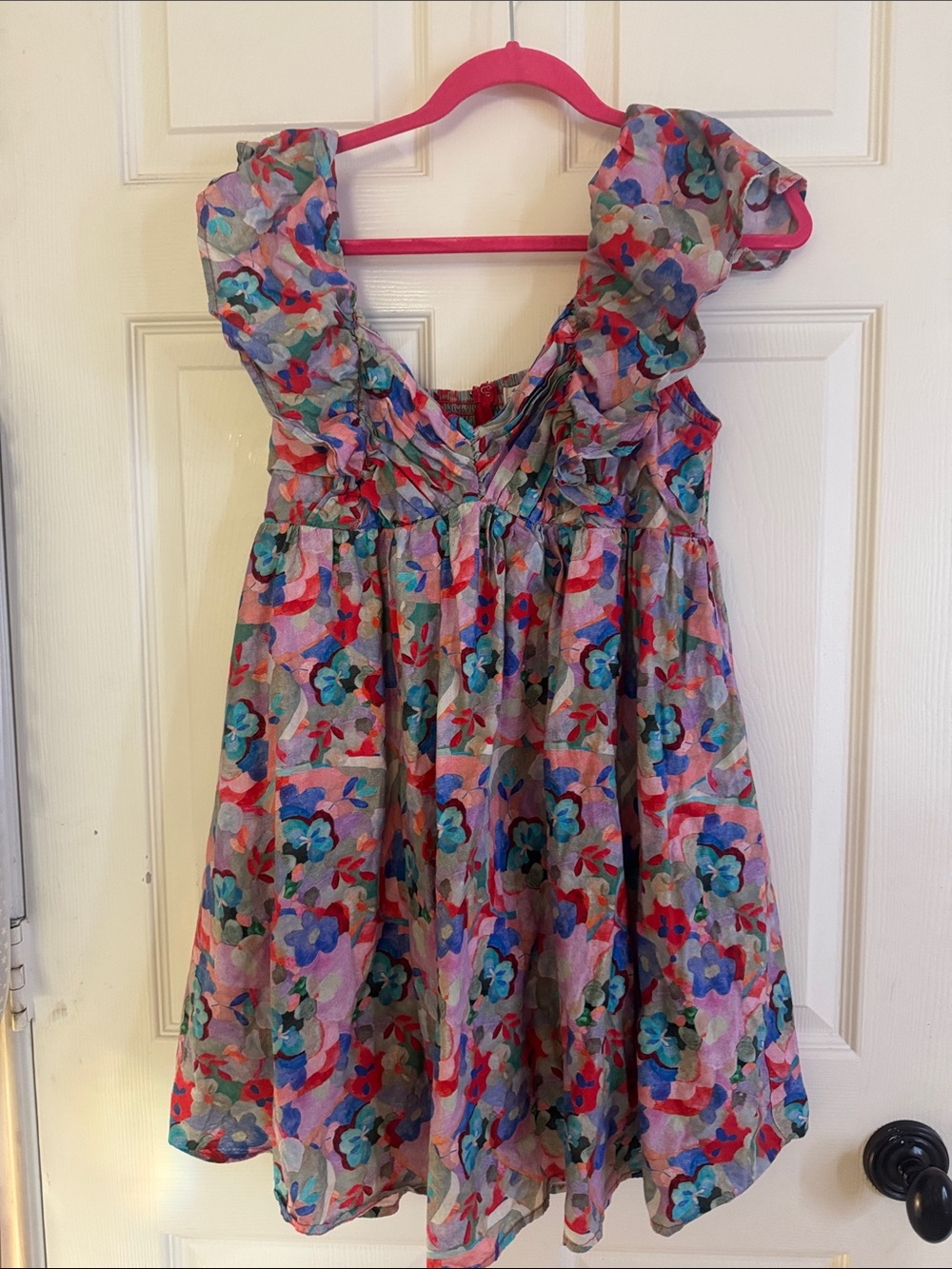 entro Pink Floral Ruffle-Shoulder Dress with Multicolor Blooms